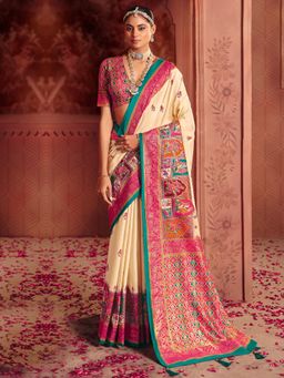Akhilam - Womens Tussar Silk Off White Printed Saree With Unstitched Blouse