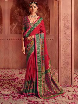 Akhilam - Womens Tussar Silk Red Printed Saree With Unstitched Blouse