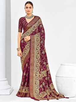 Akhilam - Womens Jacquard Burgundy Woven Saree With Unstitched Blouse
