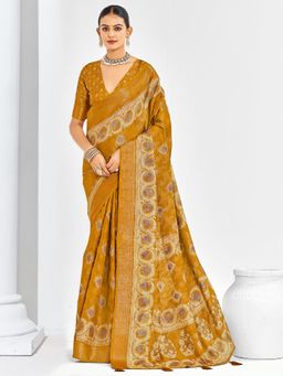 Akhilam - Womens Jacquard Mustard Woven Saree With Unstitched Blouse