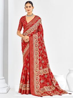 Akhilam - Womens Jacquard Red Woven Saree With Unstitched Blouse