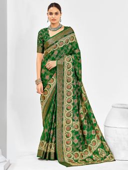 Akhilam - Womens Jacquard Green Woven Saree With Unstitched Blouse