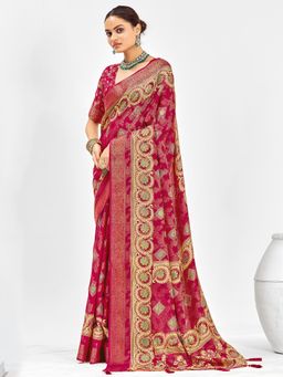 Akhilam - Womens Jacquard Pink Woven Saree With Unstitched Blouse