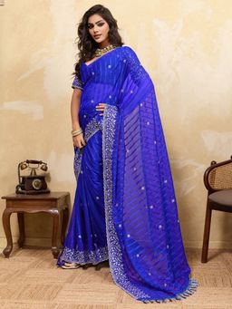 Akhilam - Womens Chiffon Blue Embellished Saree With Unstitched Blouse