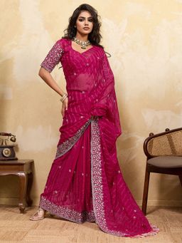 Akhilam - Womens Chiffon Pink Embellished Saree With Unstitched Blouse