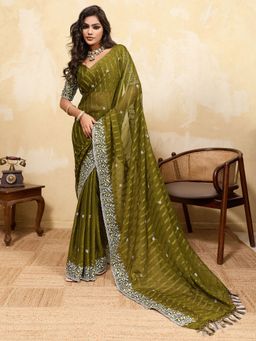 Akhilam - Womens Chiffon Olive Embellished Saree With Unstitched Blouse