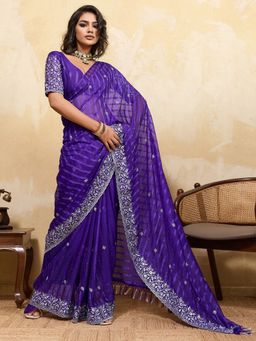 Akhilam - Womens Chiffon Purple Embellished Saree With Unstitched Blouse