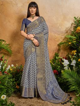 Akhilam - Womens Viscose Blue Woven Saree With Unstitched Blouse
