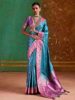 Akhilam - Womens Satin Silk Light Blue Woven Saree With Unstitched Blouse
