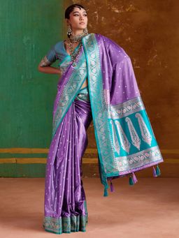 Akhilam - Womens Satin Silk Lavender Woven Saree With Unstitched Blouse