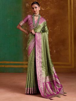 Akhilam - Womens Satin Silk Green Woven Saree With Unstitched Blouse