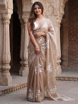 Akhilam - Womens Organza Beige Embellished Saree With Unstitched Blouse