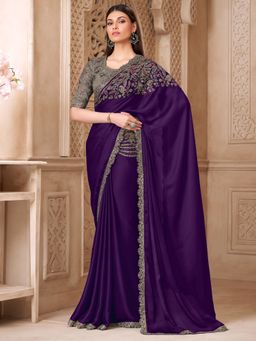 Akhilam - Womens Satin Silk Purple Embellished Saree With Unstitched Blouse