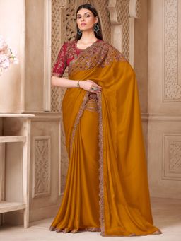 Akhilam - Womens Satin Silk Mustard Embellished Saree With Unstitched Blouse