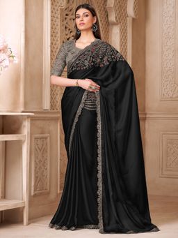 Akhilam - Womens Satin Silk Black Embellished Saree With Unstitched Blouse