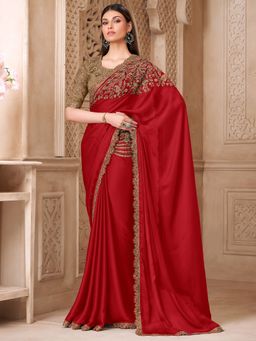 Akhilam - Womens Satin Silk Red Embellished Saree With Unstitched Blouse