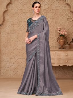 Akhilam - Womens Georgette Grey Embellished Saree With Unstitched Blouse