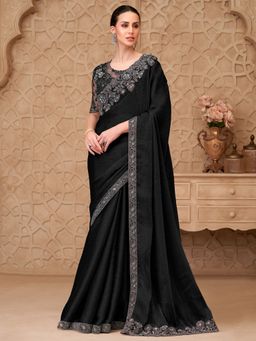 Akhilam - Womens Georgette Black Embellished Saree With Unstitched Blouse
