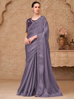 Akhilam - Womens Georgette Lavender Embellished Saree With Unstitched Blouse