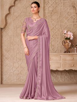 Akhilam - Womens Georgette Lavender Embroidered Saree With Unstitched Blouse