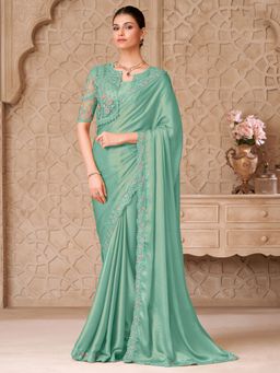 Akhilam - Womens Georgette Turquoise Embroidered Saree With Unstitched Blouse