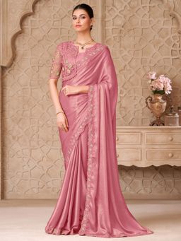 Akhilam - Womens Georgette Pink Embroidered Saree With Unstitched Blouse