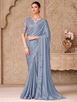 Akhilam - Womens Georgette Light Blue Embroidered Saree With Unstitched Blouse