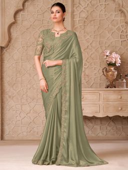 Akhilam - Womens Georgette Light Green Embroidered Saree With Unstitched Blouse