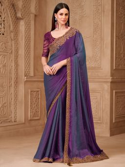 Akhilam - Womens Georgette Purple Embellished Saree With Unstitched Blouse