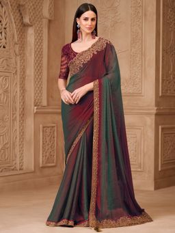 Akhilam - Womens Georgette Maroon Embellished Saree With Unstitched Blouse
