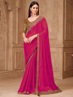 Akhilam - Womens Georgette Pink Embellished Saree With Unstitched Blouse
