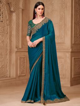 Akhilam - Womens Georgette Teal Blue Embellished Saree With Unstitched Blouse