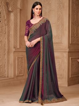 Akhilam - Womens Georgette Green Embellished Saree With Unstitched Blouse