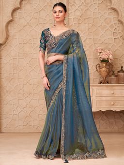 Akhilam - Womens Georgette Metallic Grey Embellished Saree With Unstitched Blouse