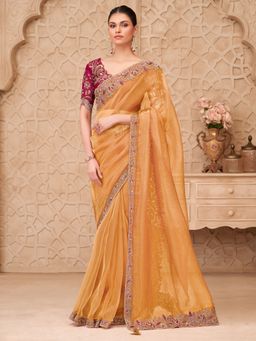 Akhilam - Womens Georgette Mustard Embellished Saree With Unstitched Blouse
