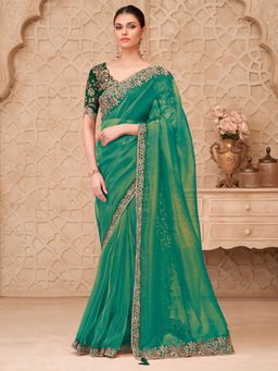 Akhilam - Womens Georgette Green Embellished Saree With Unstitched Blouse