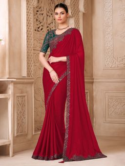 Akhilam - Womens Georgette Red Embellished Saree With Unstitched Blouse