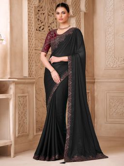 Akhilam - Womens Georgette Black Embellished Saree With Unstitched Blouse