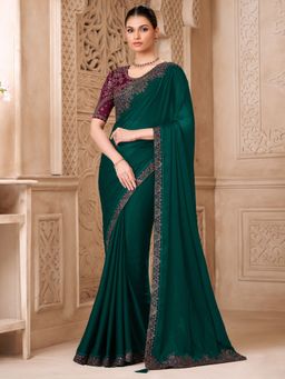 Akhilam - Womens Georgette Green Embellished Saree With Unstitched Blouse