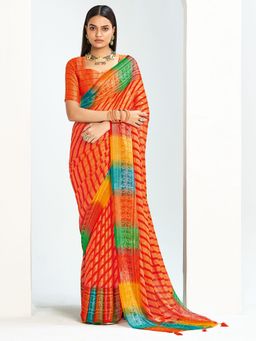 Akhilam - Womens Brasso Orange Printed Saree With Unstitched Blouse