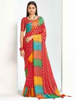 Akhilam - Womens Brasso Red Printed Saree With Unstitched Blouse