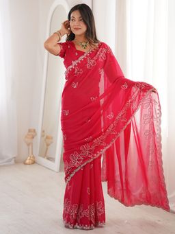 Akhilam - Womens Georgette Red Embellished Saree With Unstitched Blouse