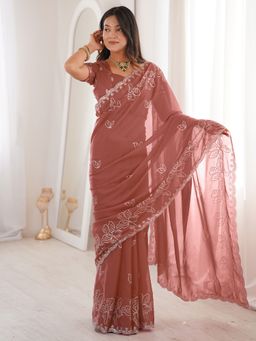 Akhilam - Womens Georgette Rose Gold Embellished Saree With Unstitched Blouse