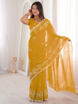 Akhilam - Womens Georgette Lemon Yellow Embellished Saree With Unstitched Blouse