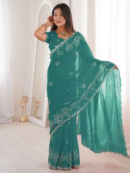 Akhilam - Womens Georgette Light Blue Embellished Saree With Unstitched Blouse