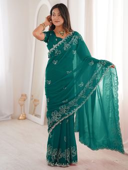 Akhilam - Womens Georgette Teal Blue Embellished Saree With Unstitched Blouse