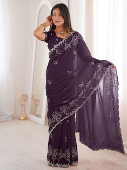 Akhilam - Womens Georgette Purple Embellished Saree With Unstitched Blouse