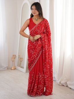 Akhilam - Womens Georgette Red Embellished Saree With Unstitched Blouse