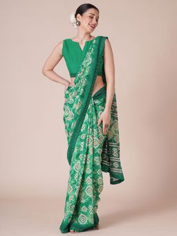 Akhilam - Womens Georgette Green Printed Saree With Unstitched Blouse