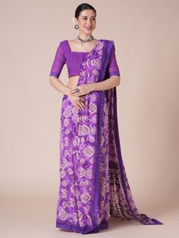 Akhilam - Womens Georgette Purple Printed Saree With Unstitched Blouse